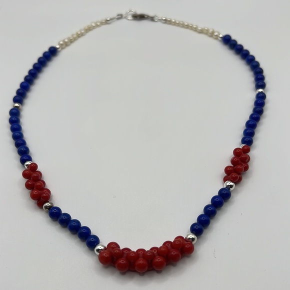 ARTISAN RED CORAL, LAPIS, PEARL, AND STERLING SILVER 20” NECKLACE - Picture 8 of 9